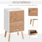 Cómoda con 4 Cajones Cómoda de Dormitorio Mesita de Noche con Patas Elevadas para Salón 40x30x75 cm Blanco y Natural