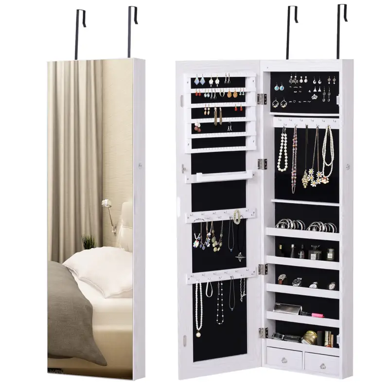 Espejo Joyero Colgante de Pared o Puerta con LED 5 Estantes 2 Cajones Pequeños Espejo Armario Montado con Cerradura 37x120x10cm Espejo Joyero Colgante de Pared o Puerta con LED 5 Estantes 2 Cajones Pequeños Espejo Armario Montado con Cerradura 37x120x10cm