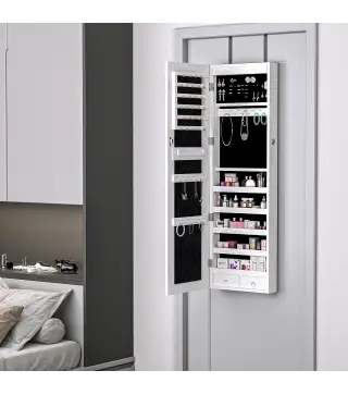 Espejo Joyero Colgante de Pared o Puerta con LED 5 Estantes 2 Cajones Pequeños Espejo Armario Montado con Cerradura 37x120x10cm