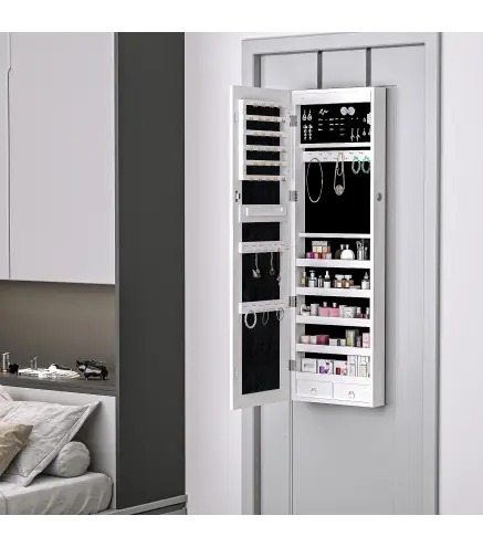 Espejo Joyero Colgante de Pared o Puerta con LED 5 Estantes 2 Cajones Pequeños Espejo Armario Montado con Cerradura 37x120x10cm