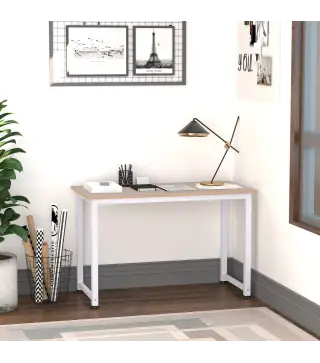 Mesa de Escritorio con Marco de Acero Patas Ajustables Mesa de Estudio para Oficina Hogar 120x60x76 cm Blanco y Natural