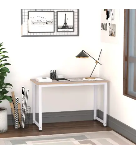 Mesa de Escritorio con Marco de Acero Patas Ajustables Mesa de Estudio para Oficina Hogar 120x60x76 cm Blanco y Natural