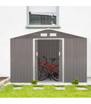 Cobertizo de Jardín 4,9 m² 277x195x192 cm con 2 Puertas Corredizas Base Refuerzo (Suelo NO Incluido) Gris