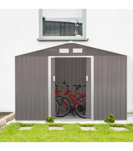Cobertizo de Jardín 4,9 m² 277x195x192 cm con 2 Puertas Corredizas Base Refuerzo (Suelo NO Incluido) Gris