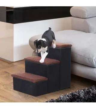 Escalera para Mascotas de 3 Peldaños Plegable con Tapas Abatibles y Espacio de Almacenamiento 3 Escalones de Perros Gatos Pequeñ