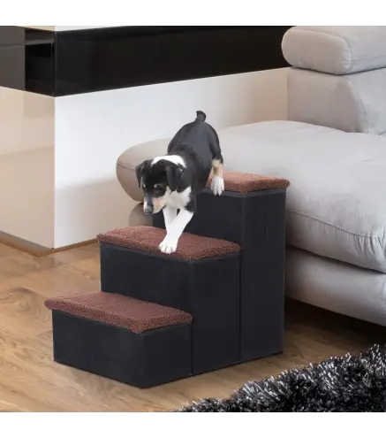 Escalera para Mascotas de 3 Peldaños Plegable con Tapas Abatibles y Espacio de Almacenamiento 3 Escalones de Perros Gatos Pequeñ