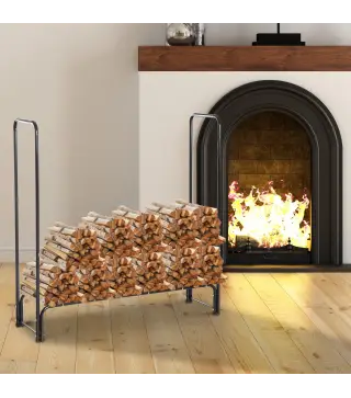 Estante de Leña para Chimenea 122x35x122 cm Soporte para Leña de Metal para Exterior e Interior Carga 150 kg Negro