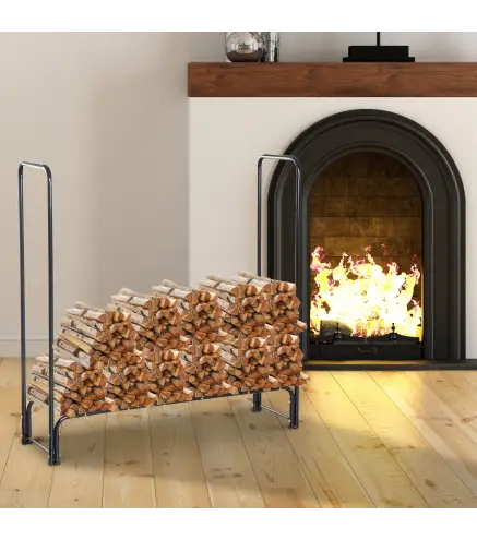 Estante de Leña para Chimenea 122x35x122 cm Soporte para Leña de Metal para Exterior e Interior Carga 150 kg Negro