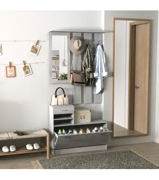 Recibidor de Entrada con Espejo Perchero y Zapatero Mueble de Recibidor de 2 Piezas con 6 Ganchos Estantes y Cajón Abatible para