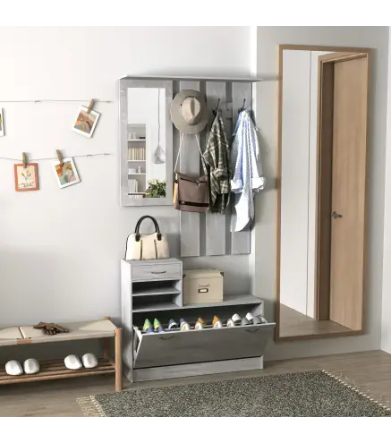 Recibidor de Entrada con Espejo Perchero y Zapatero Mueble de Recibidor de 2 Piezas con 6 Ganchos Estantes y Cajón Abatible para