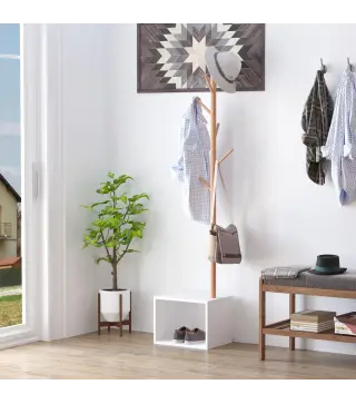 Perchero de Pie con Zapatero Colgador Tipo Árbol Moderno 6 Ganchos para Colgar Ropa Bolsa Banco con Almacenamiento Pasillo Entra