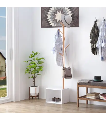 Perchero de Pie con Zapatero Colgador Tipo Árbol Moderno 6 Ganchos para Colgar Ropa Bolsa Banco con Almacenamiento Pasillo Entra