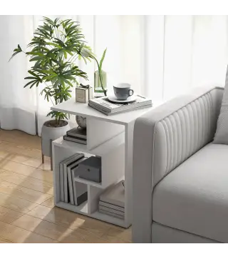 Mesita Auxiliar Mesa Auxiliar Blanca Mesa de Centro con Estantes de Almacenamiento para Salón Dormitorio 45x40x55 cm