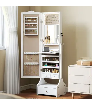 Espejo Joyero con Luces LED Armario Joyas con Espejo Entero de Angulo Ajustable Cajones Mesa Interior Plegable Blanco