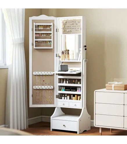 Espejo Joyero con Luces LED Armario Joyas con Espejo Entero de Ángulo Ajustable Cajones Mesa Interior Plegable Blanco