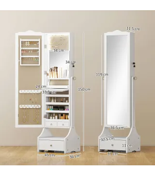 Espejo Joyero con Luces LED Armario Joyas con Espejo Entero de Ángulo Ajustable Cajones Mesa Interior Plegable Blanco