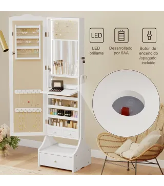 Espejo Joyero con Luces LED Armario Joyas con Espejo Entero de Ángulo Ajustable Cajones Mesa Interior Plegable Blanco