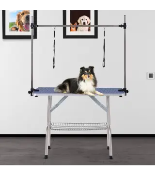 Mesa de Peluquería Canina Plegable, Mesa de Aseo con Cesta de Rejilla Metálica, Encimera Antideslizante, Barra de Acero Inoxidab