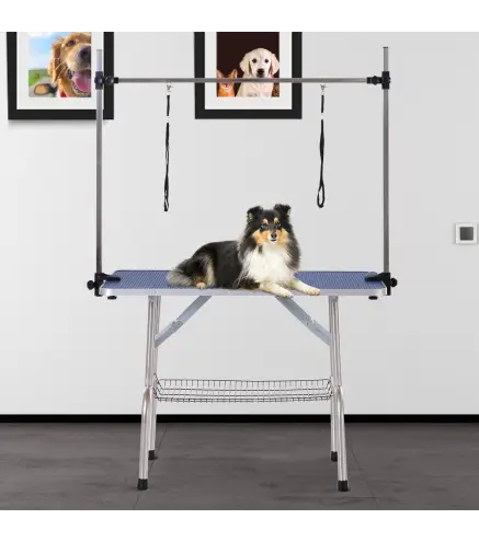Mesa de Peluquería Canina Plegable, Mesa de Aseo con Cesta de Rejilla Metálica, Encimera Antideslizante, Barra de Acero Inoxidab