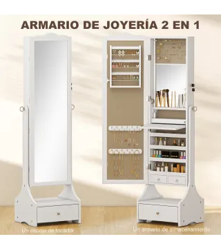 Espejo Joyero con Luces LED Armario Joyas con Espejo Entero de Ángulo Ajustable Cajones Mesa Interior Plegable Blanco