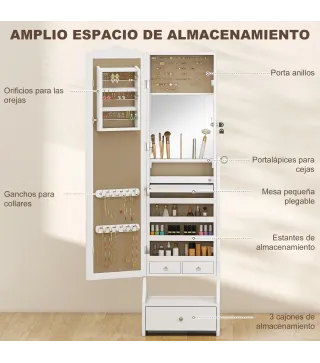 Espejo Joyero con Luces LED Armario Joyas con Espejo Entero de Ángulo Ajustable Cajones Mesa Interior Plegable Blanco