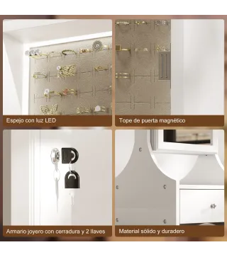 Espejo Joyero con Luces LED Armario Joyas con Espejo Entero de Ángulo Ajustable Cajones Mesa Interior Plegable Blanco