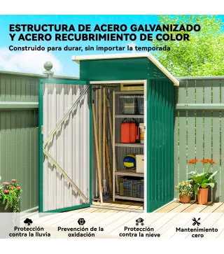 Caseta de Jardín Exterior Metálico 0,74 m² 107,5x91x185 cm con Techo Inclinado Puerta con Cerradura Ventilaciones Verde