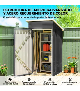 Caseta de Jardín Exterior Metálico 0,74 m² 107,5x91x185 cm con Techo Inclinado Puerta con Cerradura Ventilaciones Gris