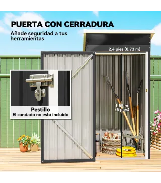 Caseta de Jardín Exterior Metálico 0,74 m² 107,5x91x185 cm con Techo Inclinado Puerta con Cerradura Ventilaciones Gris