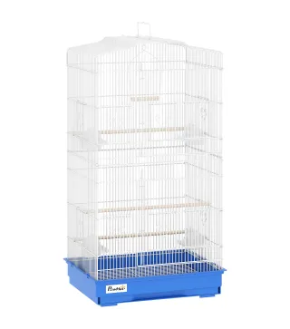 Jaula para Pájaros Pajarera de Metal con 4 Comederos 3 Perchas Columpio y Bandeja Extraíble Asa 46,5x35,5x92 cm Azul