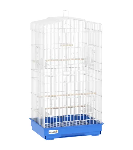 Jaula para Pájaros Pajarera de Metal con 4 Comederos 3 Perchas Columpio y Bandeja Extraíble Asa 46,5x35,5x92 cm Azul