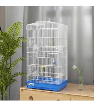 Jaula para Pájaros Pajarera de Metal con 4 Comederos 3 Perchas Columpio y Bandeja Extraíble Asa 46,5x35,5x92 cm Azul