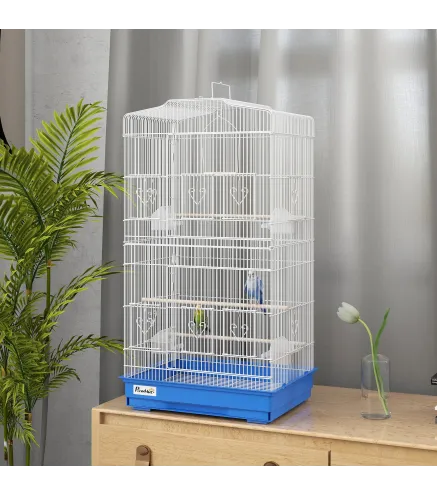 Jaula para Pájaros Pajarera de Metal con 4 Comederos 3 Perchas Columpio y Bandeja Extraíble Asa 46,5x35,5x92 cm Azul