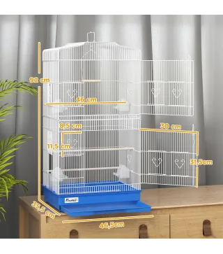 Jaula para Pájaros Pajarera de Metal con 4 Comederos 3 Perchas Columpio y Bandeja Extraíble Asa 46,5x35,5x92 cm Azul