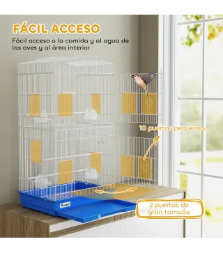 Jaula para Pájaros Pajarera de Metal con 4 Comederos 3 Perchas Columpio y Bandeja Extraíble Asa 46,5x35,5x92 cm Azul