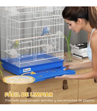 Jaula para Pájaros Pajarera de Metal con 4 Comederos 3 Perchas Columpio y Bandeja Extraíble Asa 46,5x35,5x92 cm Azul