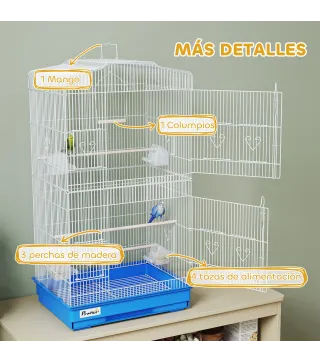 Jaula para Pájaros Pajarera de Metal con 4 Comederos 3 Perchas Columpio y Bandeja Extraíble Asa 46,5x35,5x92 cm Azul
