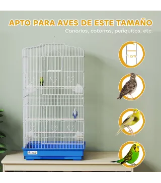 Jaula para Pájaros Pajarera de Metal con 4 Comederos 3 Perchas Columpio y Bandeja Extraíble Asa 46,5x35,5x92 cm Azul