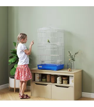 Jaula para Pájaros Pajarera de Metal con 4 Comederos 3 Perchas Columpio y Bandeja Extraíble Asa 46,5x35,5x92 cm Azul