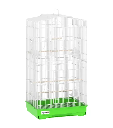 Jaula para Pájaros Pajarera de Metal con 4 Comederos 3 Perchas Columpio y Bandeja Extraíble Asa 46,5x35,5x92 cm Verde
