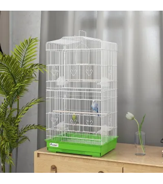 Jaula para Pájaros Pajarera de Metal con 4 Comederos 3 Perchas Columpio y Bandeja Extraíble Asa 46,5x35,5x92 cm Verde