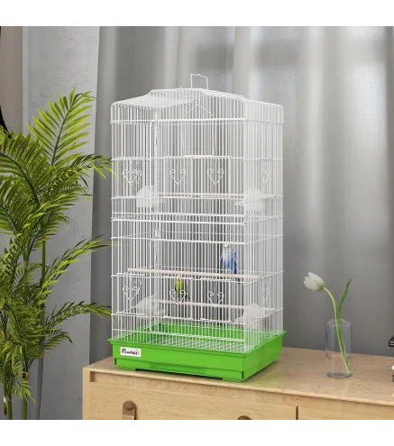 Jaula para Pájaros Pajarera de Metal con 4 Comederos 3 Perchas Columpio y Bandeja Extraíble Asa 46,5x35,5x92 cm Verde