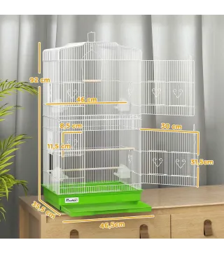 Jaula para Pájaros Pajarera de Metal con 4 Comederos 3 Perchas Columpio y Bandeja Extraíble Asa 46,5x35,5x92 cm Verde