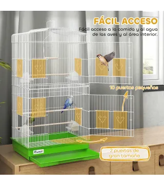 Jaula para Pájaros Pajarera de Metal con 4 Comederos 3 Perchas Columpio y Bandeja Extraíble Asa 46,5x35,5x92 cm Verde