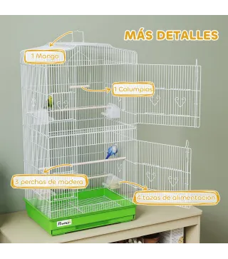 Jaula para Pájaros Pajarera de Metal con 4 Comederos 3 Perchas Columpio y Bandeja Extraíble Asa 46,5x35,5x92 cm Verde