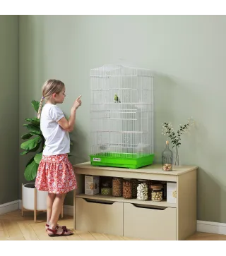 Jaula para Pájaros Pajarera de Metal con 4 Comederos 3 Perchas Columpio y Bandeja Extraíble Asa 46,5x35,5x92 cm Verde