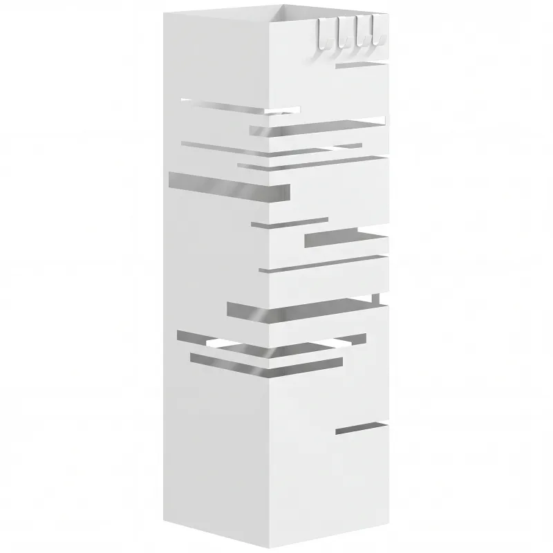 Paragüero Metálico con 4 Ganchos y Bandeja de Goteo Extraíble para Entrada Oficina 15,5x15,5x49 cm Blanco