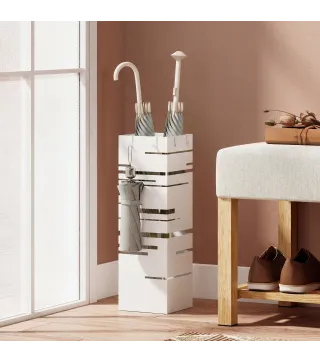 Paragüero Metálico con 4 Ganchos y Bandeja de Goteo Extraíble para Entrada Oficina 15,5x15,5x49 cm Blanco