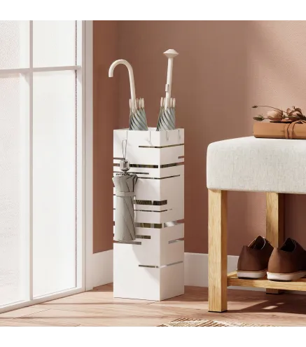 Paraguero Metalico con 4 Ganchos y Bandeja de Goteo Extraible para Entrada Oficina 15,5x15,5x49 cm Blanco