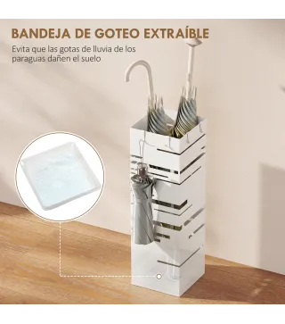 Paragüero Metálico con 4 Ganchos y Bandeja de Goteo Extraíble para Entrada Oficina 15,5x15,5x49 cm Blanco